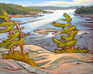 I climbed up to this rock look-out with all my painting gear (a feat!)...and was treated to amazing, almost blinding, afternoon light shooting across the water. This makes for really great painting...to witness light like like that is a gift